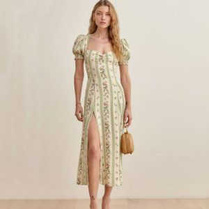 Floral StripedPuff Sleeve Dress Beige